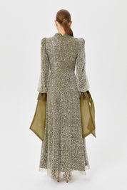 Balloon Sleeve Embellished Evening Dress - Khaki