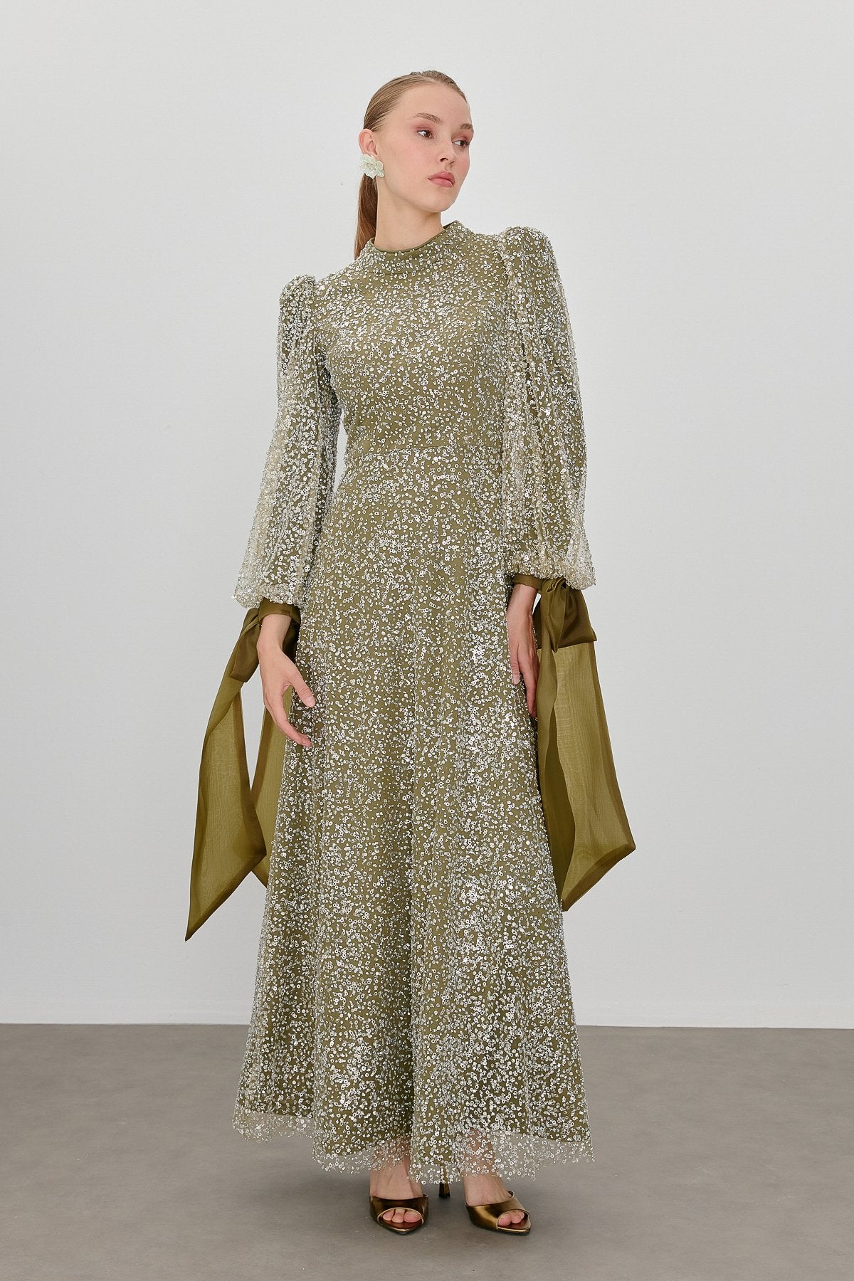 Balloon Sleeve Embellished Evening Dress - Khaki
