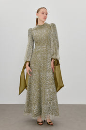 Balloon Sleeve Embellished Evening Dress - Khaki