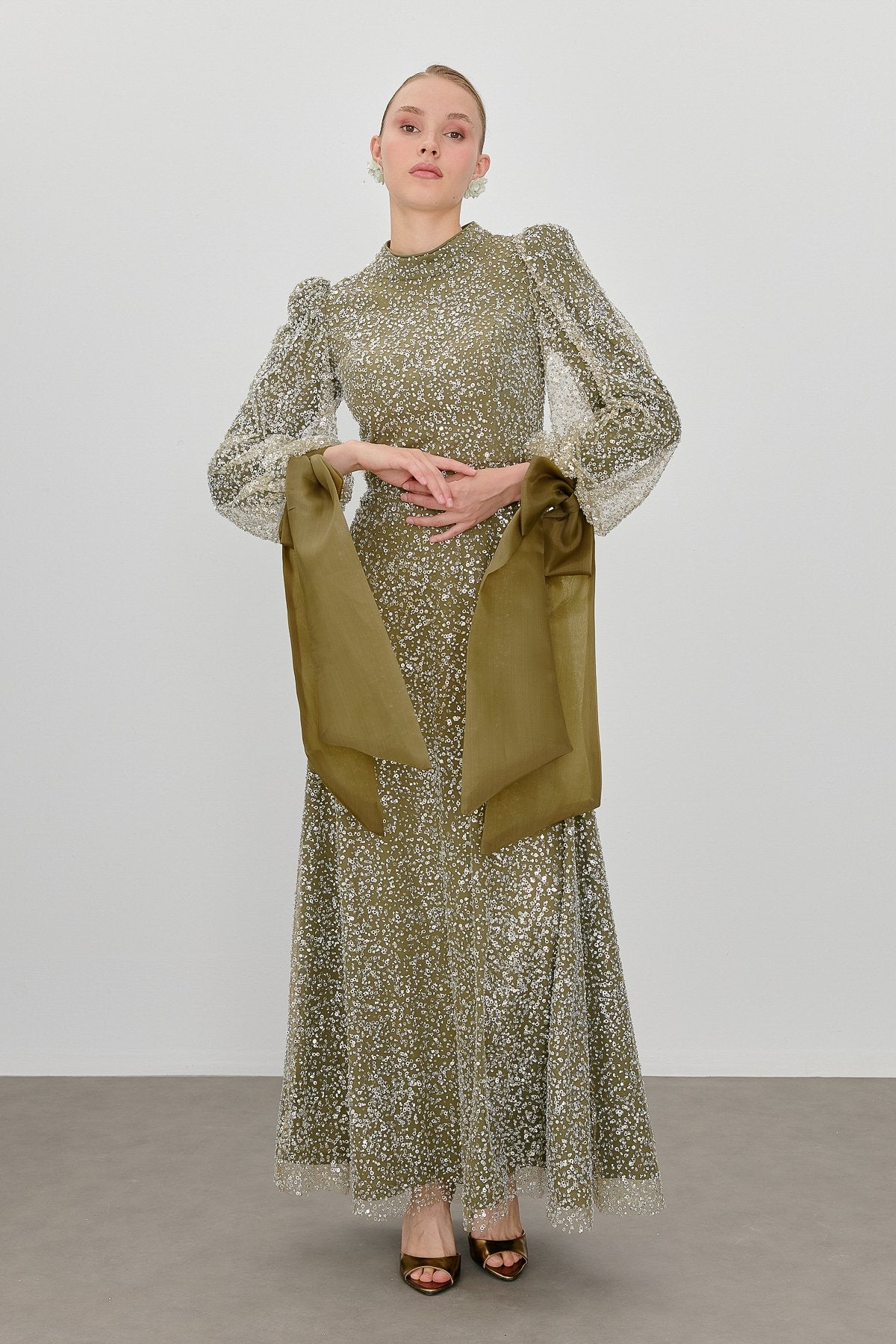Balloon Sleeve Embellished Evening Dress - Khaki