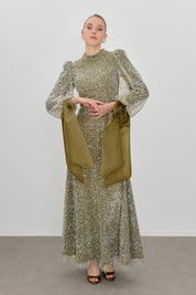 Balloon Sleeve Embellished Evening Dress - Khaki