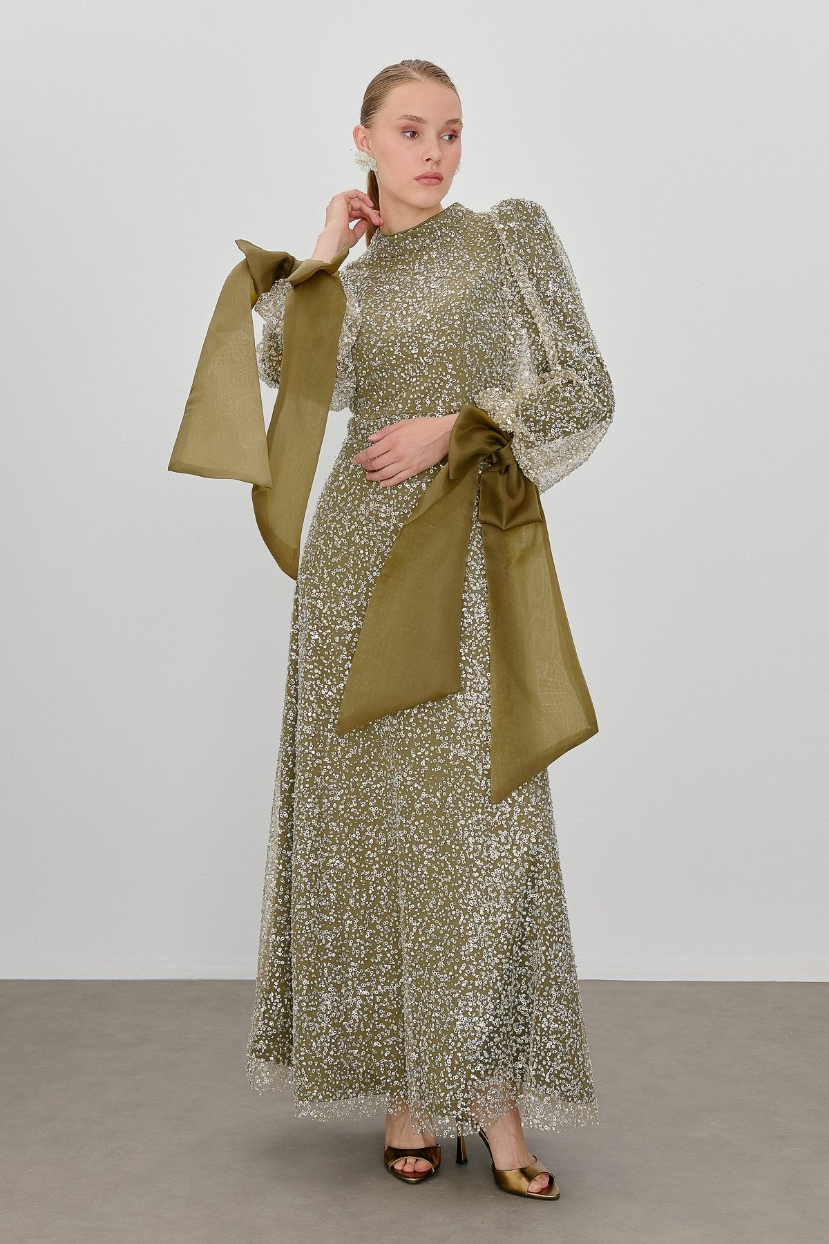 Balloon Sleeve Embellished Evening Dress - Khaki