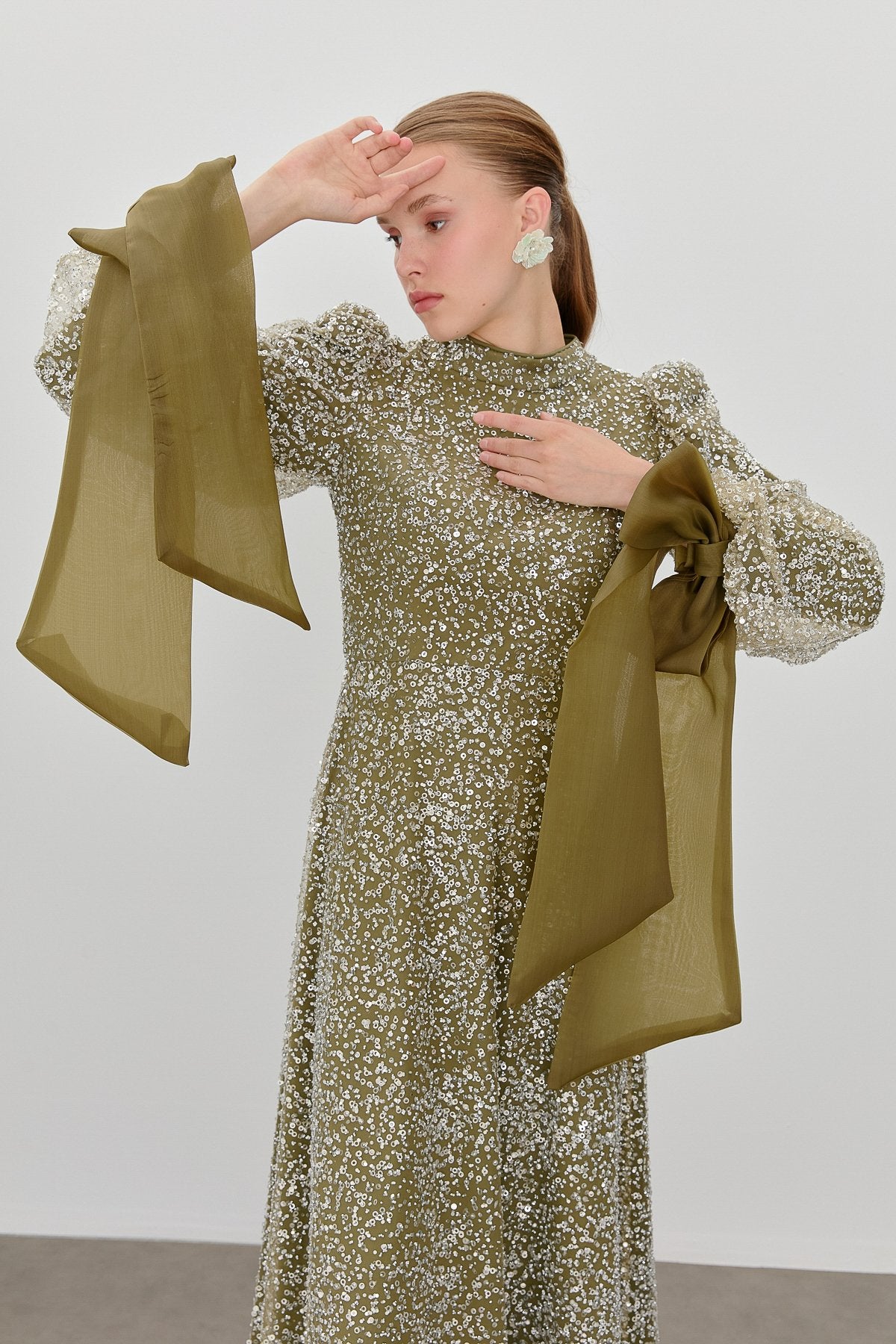Balloon Sleeve Embellished Evening Dress - Khaki