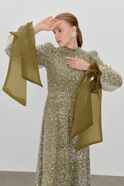 Balloon Sleeve Embellished Evening Dress - Khaki
