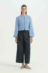 Balloon Sleeve Viscose Crop Shirt - Blue