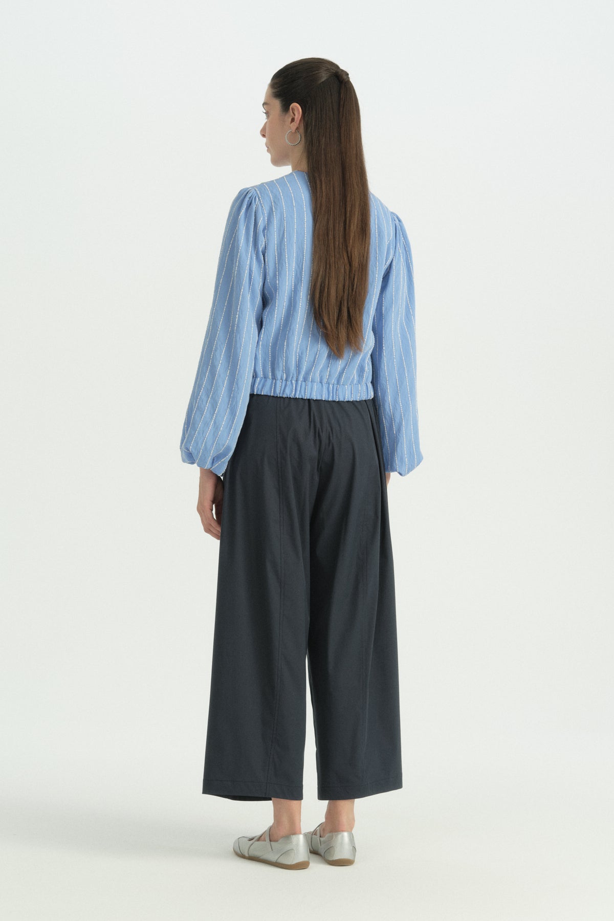 Balloon Sleeve Viscose Crop Shirt - Blue