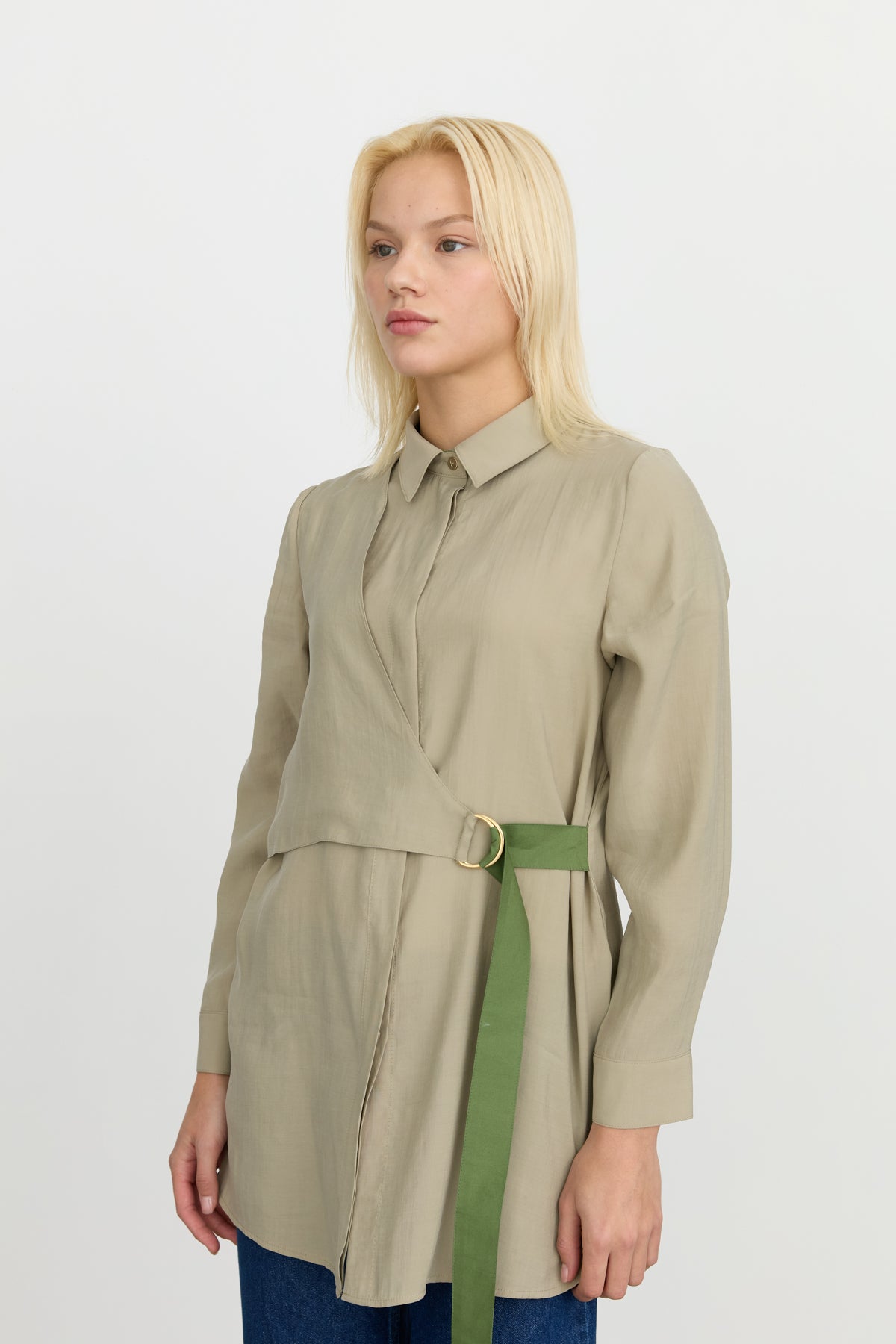 Band Detailed Shirt Collar Modal Tunic - Khaki