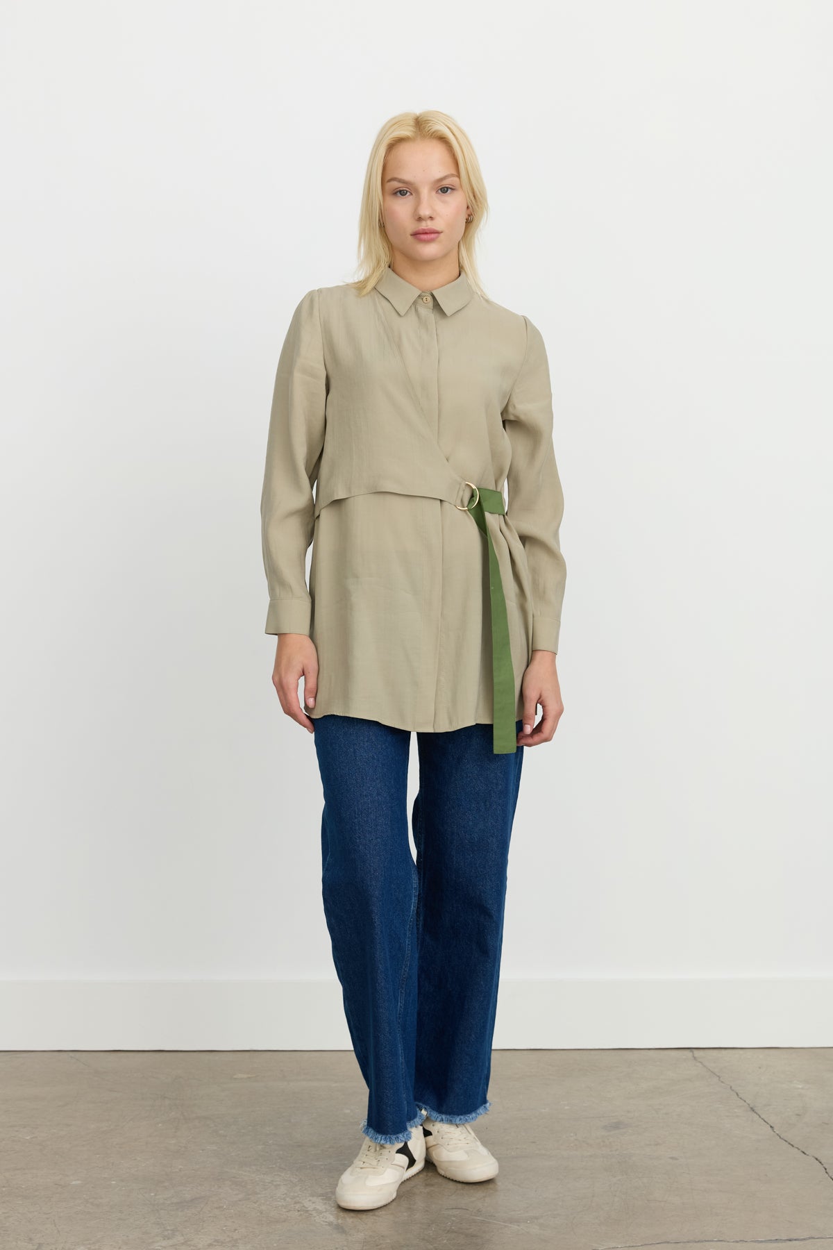 Band Detailed Shirt Collar Modal Tunic - Khaki