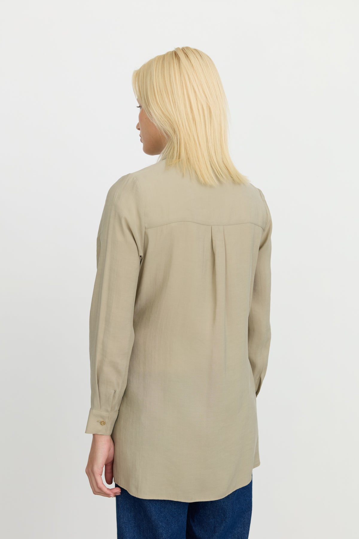 Band Detailed Shirt Collar Modal Tunic - Khaki