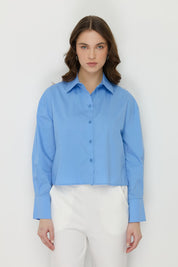 Basic Crop Cotton Shirt - Blue