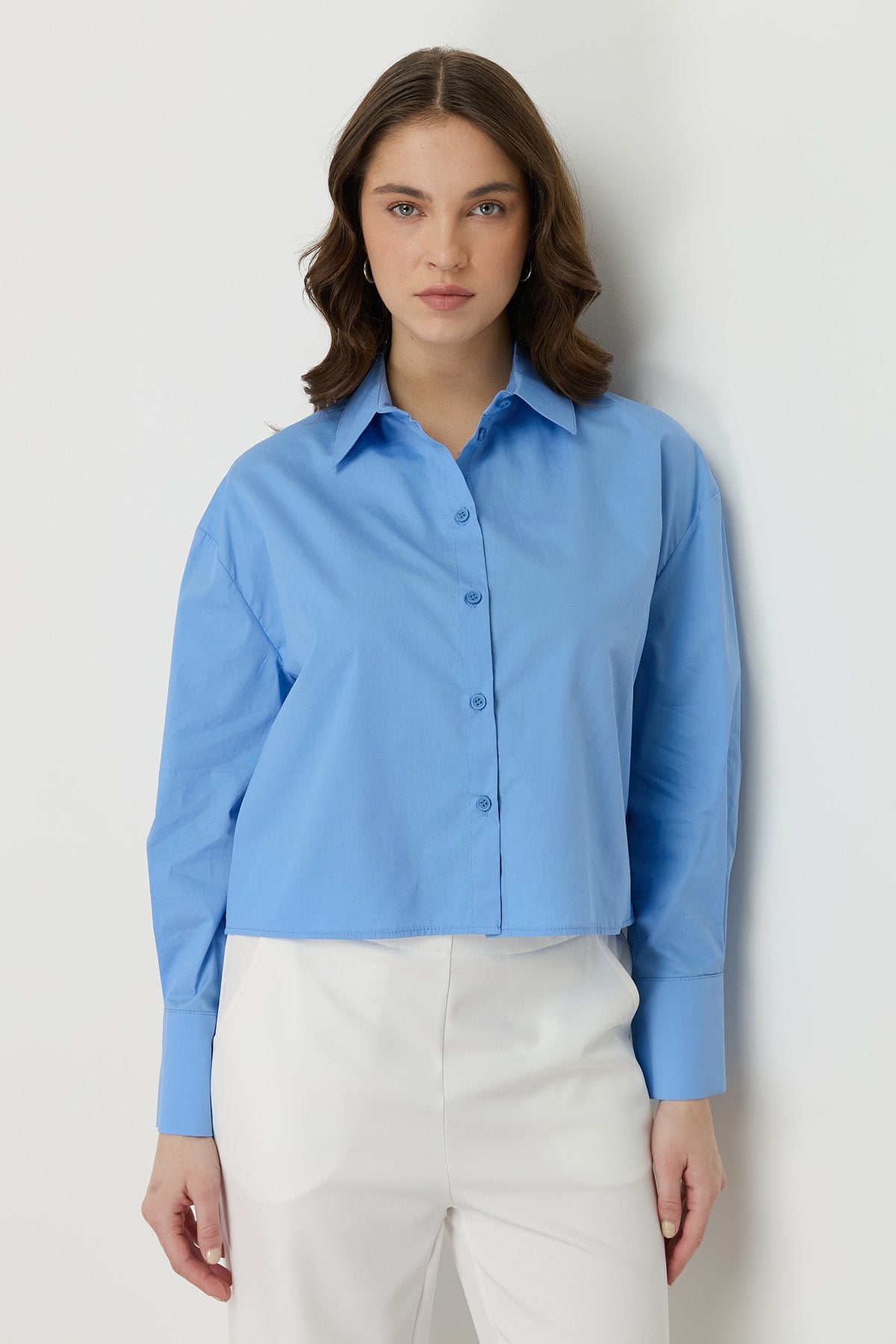 Basic Crop Cotton Shirt - Blue