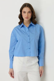 Basic Crop Cotton Shirt - Blue