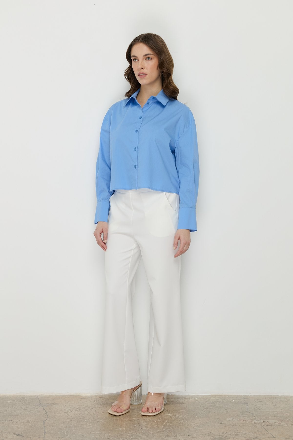 Basic Crop Cotton Shirt - Blue