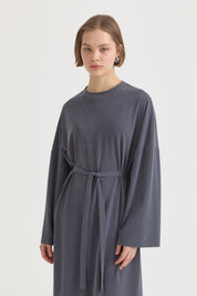 Basic Kuşaklı Örme Elbise - İndigo