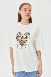 Baskılı T-Shirt - Ekru - Antrasit