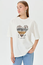 Baskılı T-Shirt - Ekru - Antrasit