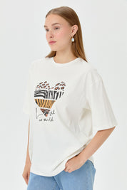 Baskılı T-Shirt - Ekru - Antrasit