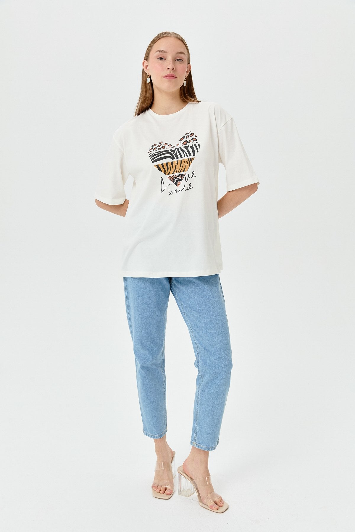 Baskılı T-Shirt - Ekru - Antrasit