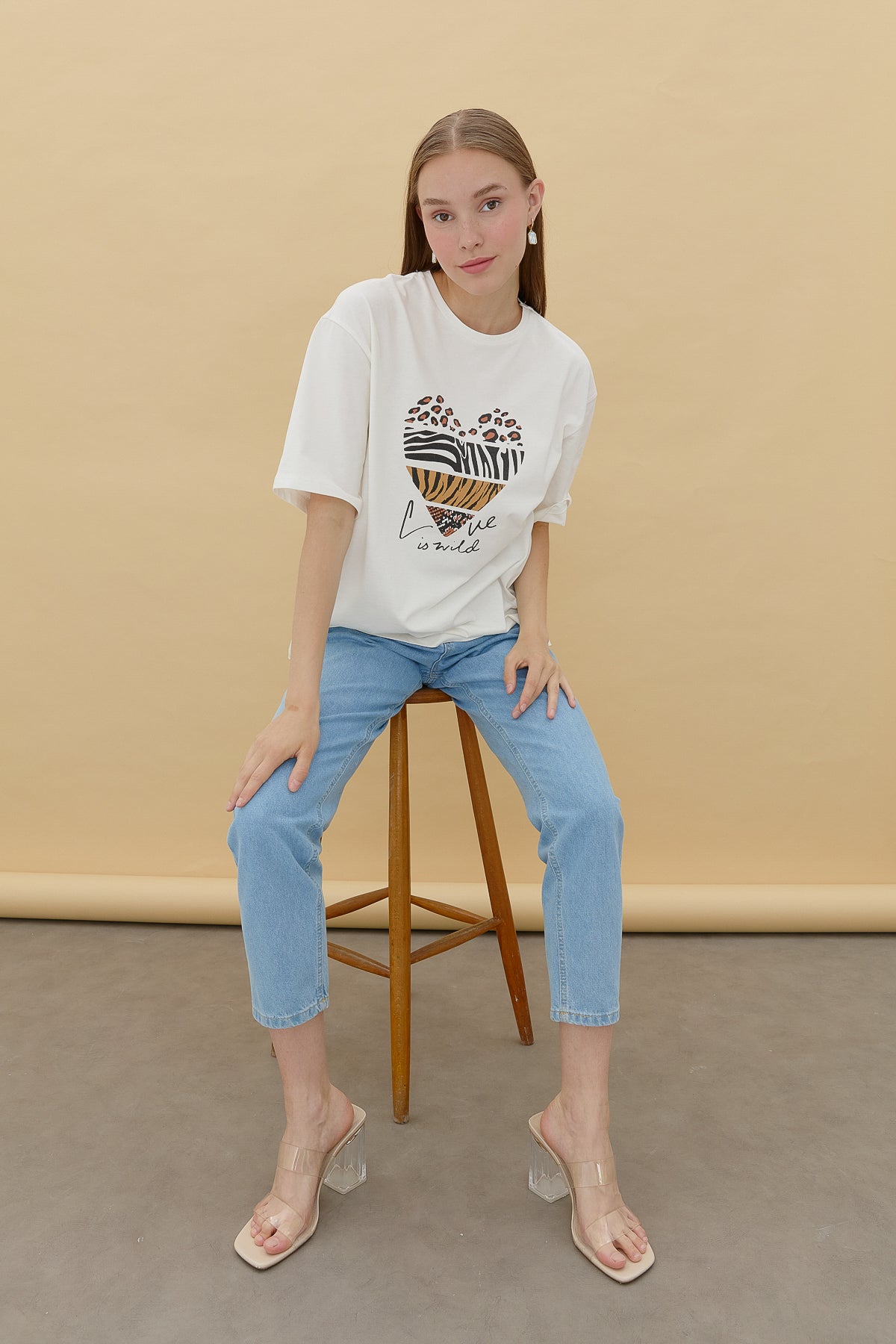 Baskılı T-Shirt - Ekru - Antrasit