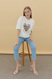 Baskılı T-Shirt - Ekru - Antrasit