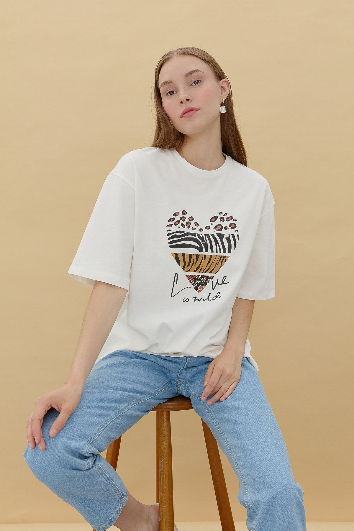 Baskılı T-Shirt - Ekru - Antrasit