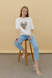Baskılı T-Shirt - Ekru - Antrasit