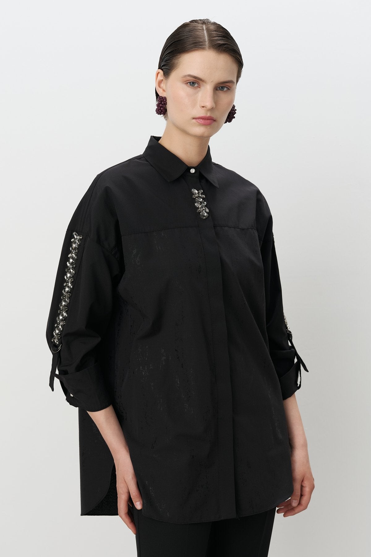 Printed Stone Embellished Cotton Tunic Shirt - Black
