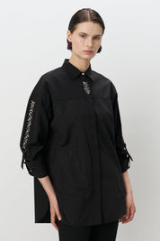 Printed Stone Embellished Cotton Tunic Shirt - Black