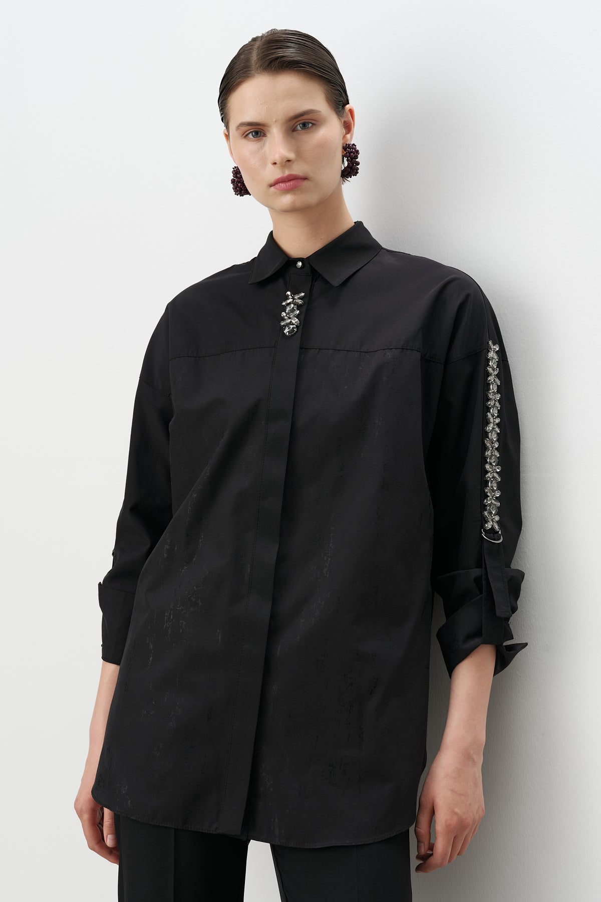 Printed Stone Embellished Cotton Tunic Shirt - Black