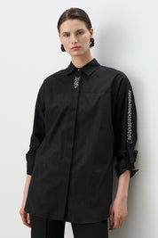 Printed Stone Embellished Cotton Tunic Shirt - Black