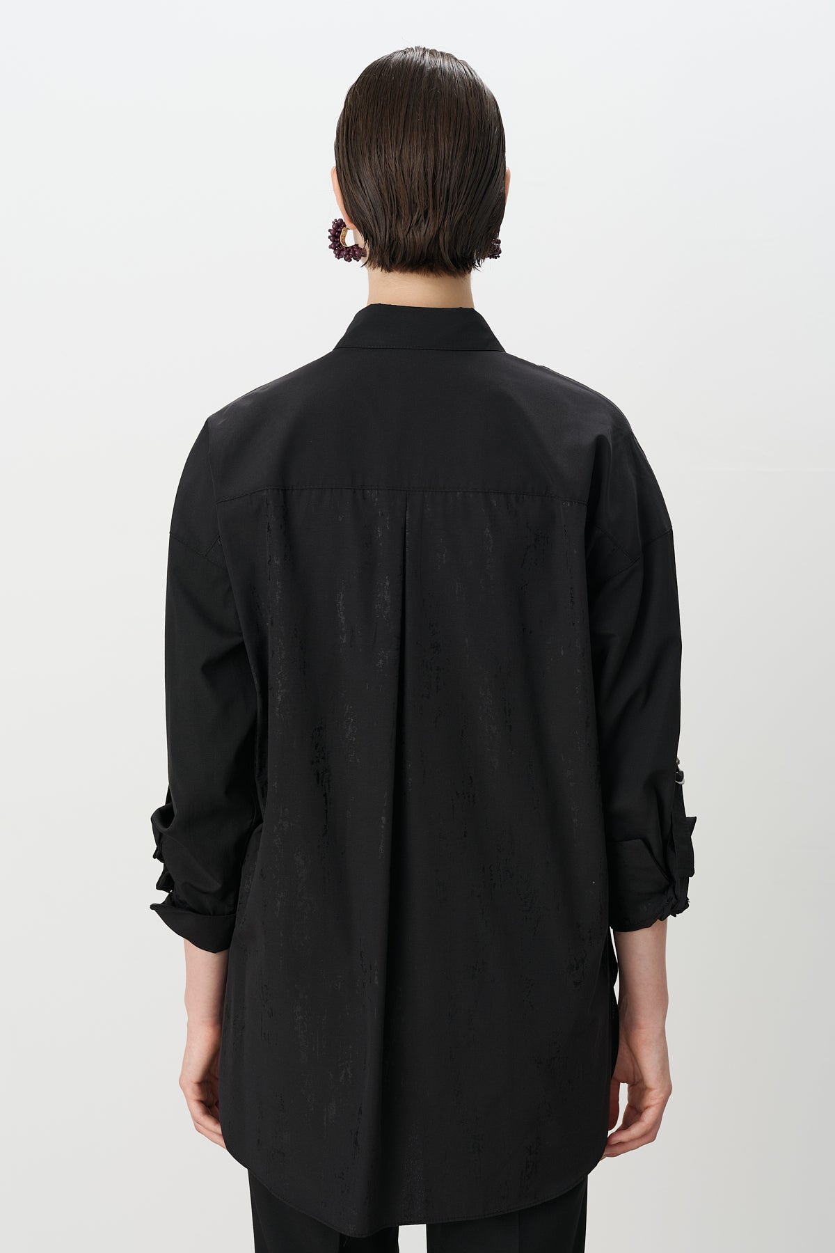 Printed Stone Embellished Cotton Tunic Shirt - Black