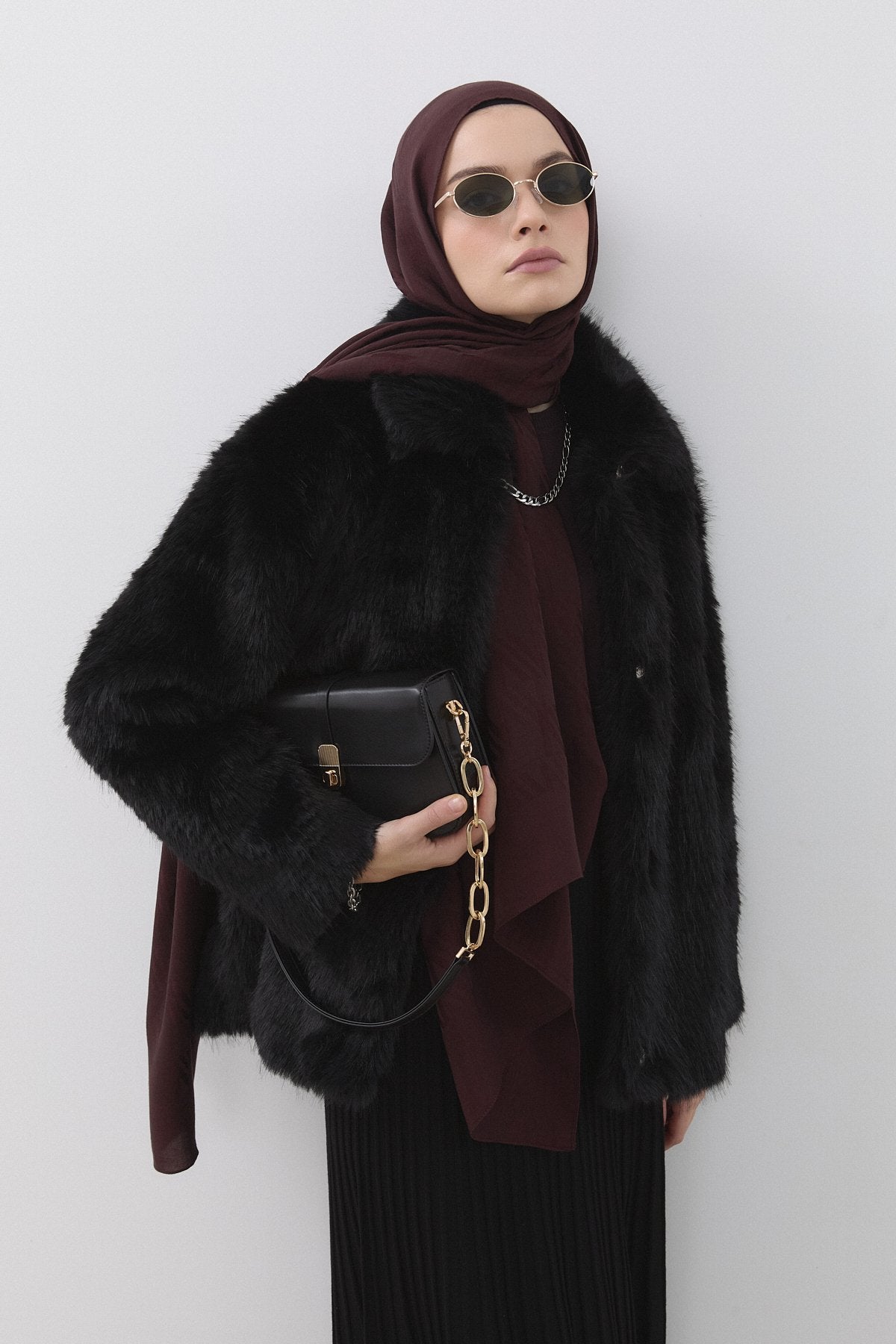 Bebe Yaka Suni Kürk Kaban - Siyah