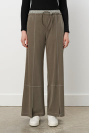 Wide-Leg Knitted Trousers with Waist Detail - Khaki