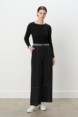 Wide-Leg Knitted Trousers with Waist Detail - Black
