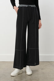 Wide-Leg Knitted Trousers with Waist Detail - Black