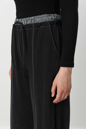 Wide-Leg Knitted Trousers with Waist Detail - Black