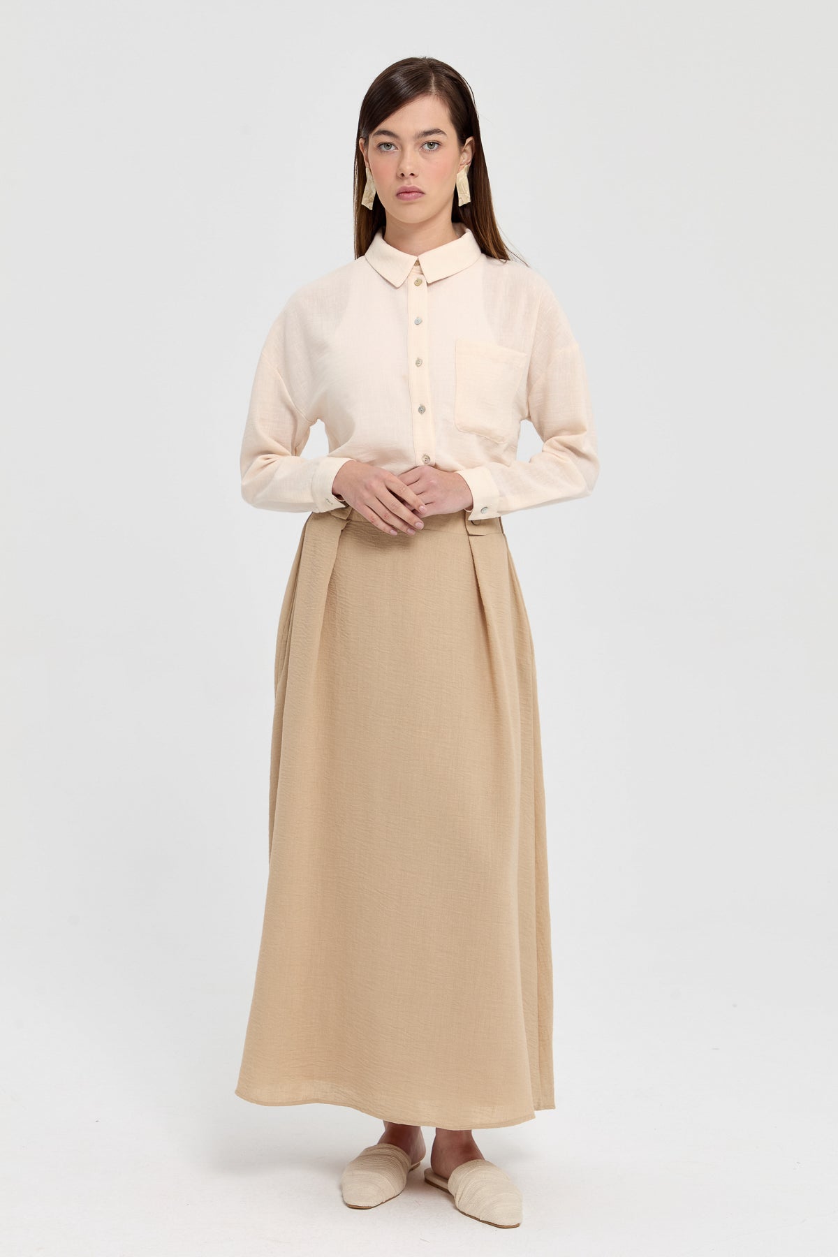 Waist Detail Skirt with Pockets - Beige