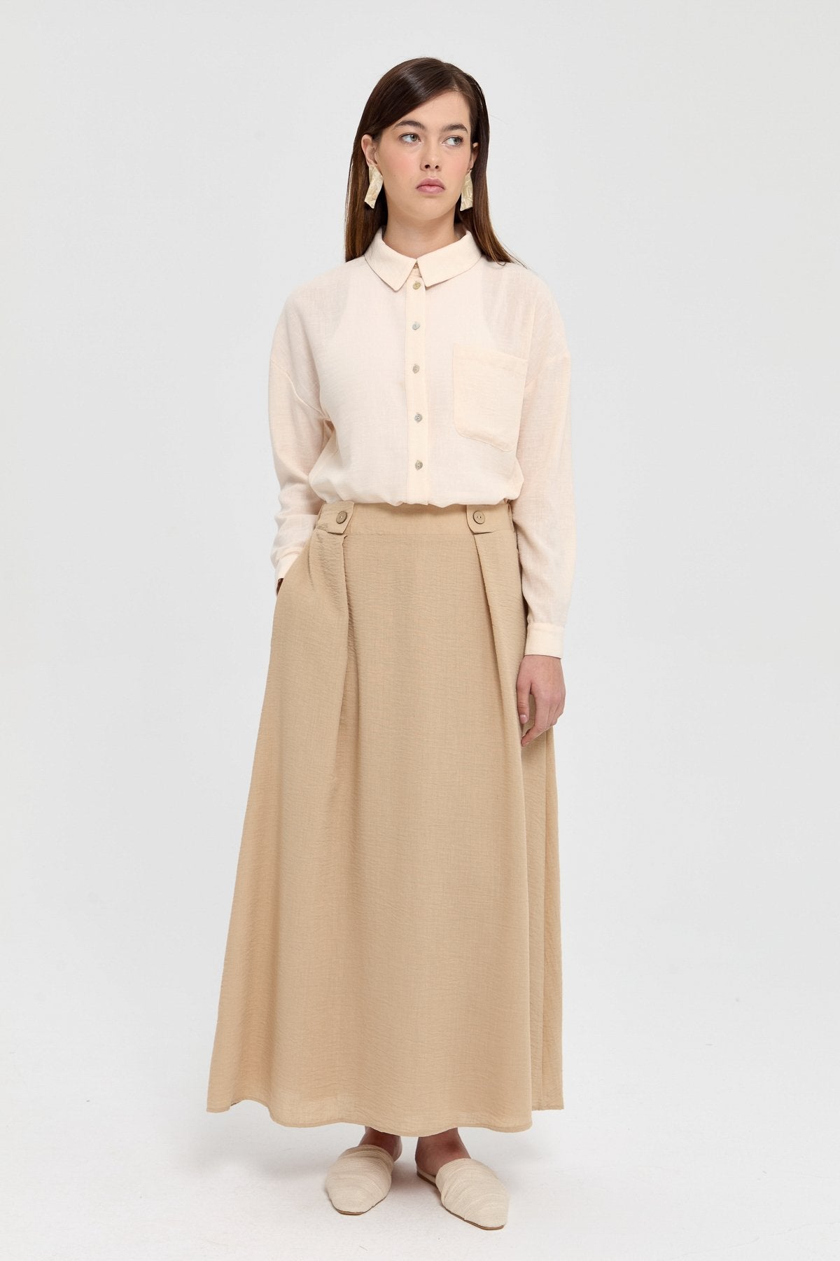Waist Detail Skirt with Pockets - Beige