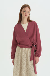 Belden Bağlamalı Crop Modal Bluz - Bordo