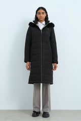 Adjustable Waist Quilted Coat - Black