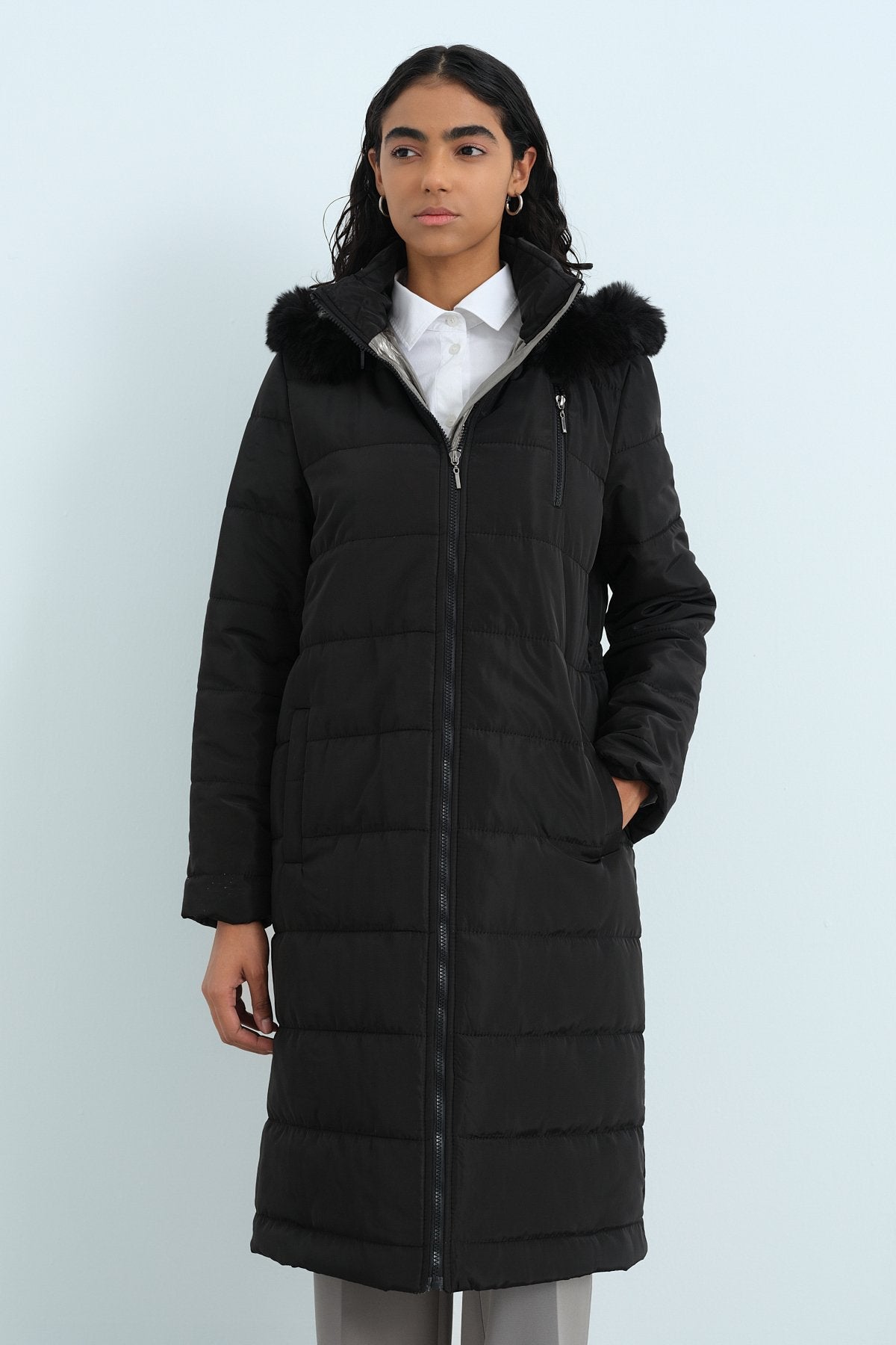 Adjustable Waist Quilted Coat - Black