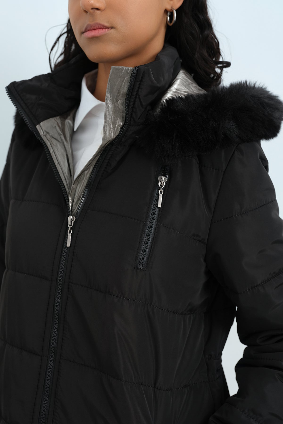 Adjustable Waist Quilted Coat - Black