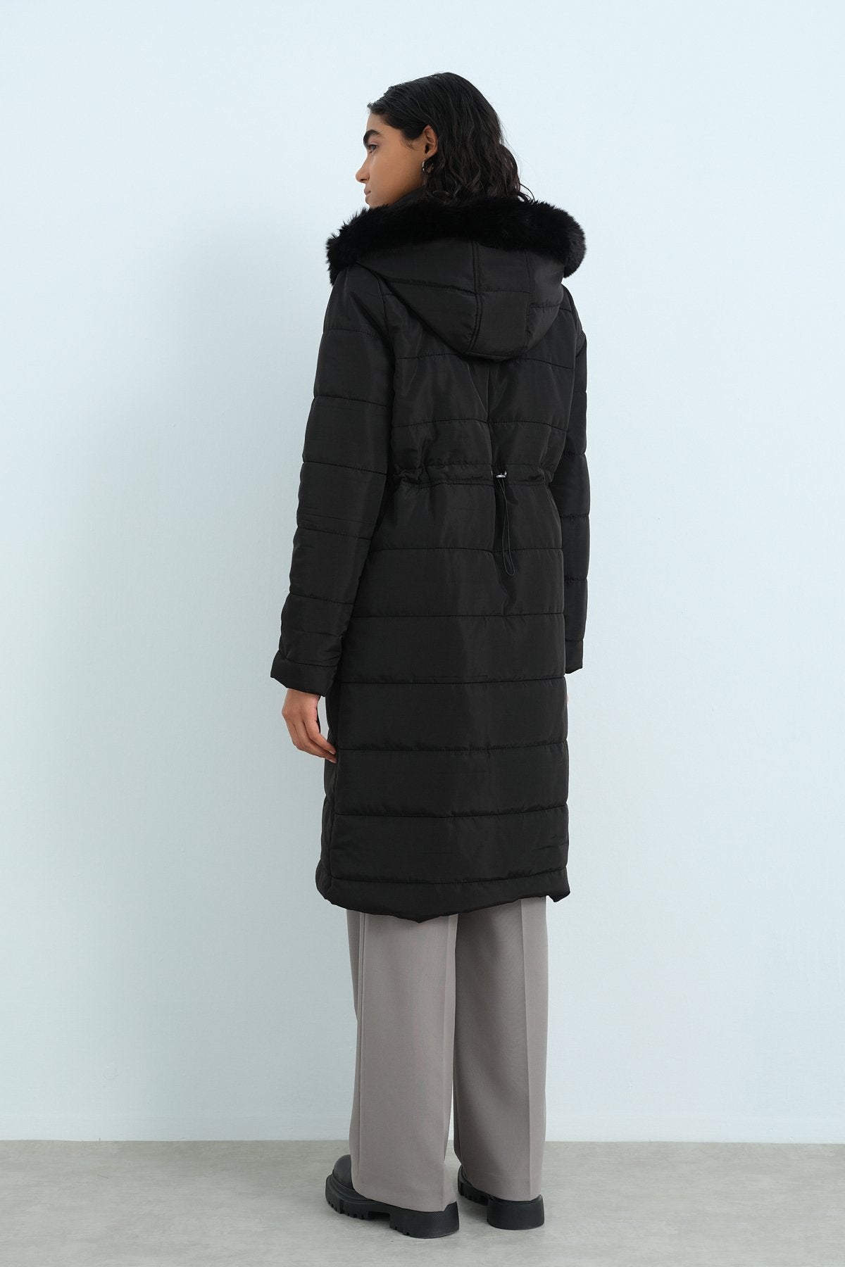 Adjustable Waist Quilted Coat - Black
