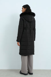 Adjustable Waist Quilted Coat - Black