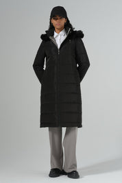 Adjustable Waist Quilted Coat - Black