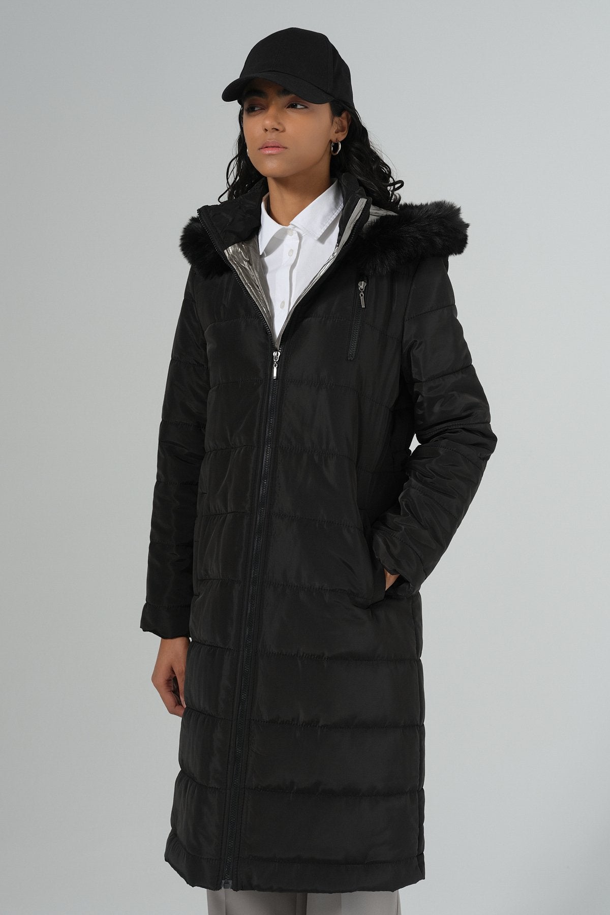 Adjustable Waist Quilted Coat - Black
