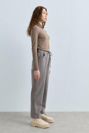 Gabardine Carrot Trousers with Drawstring Waist - Grey