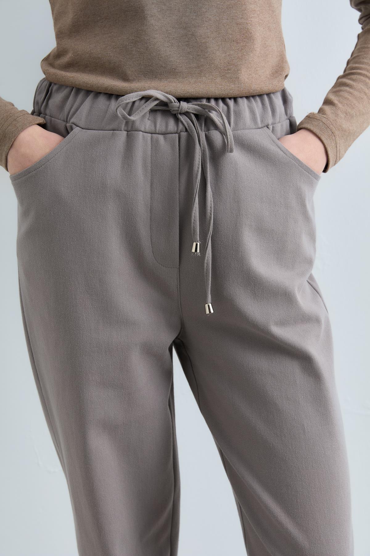Gabardine Carrot Trousers with Drawstring Waist - Grey