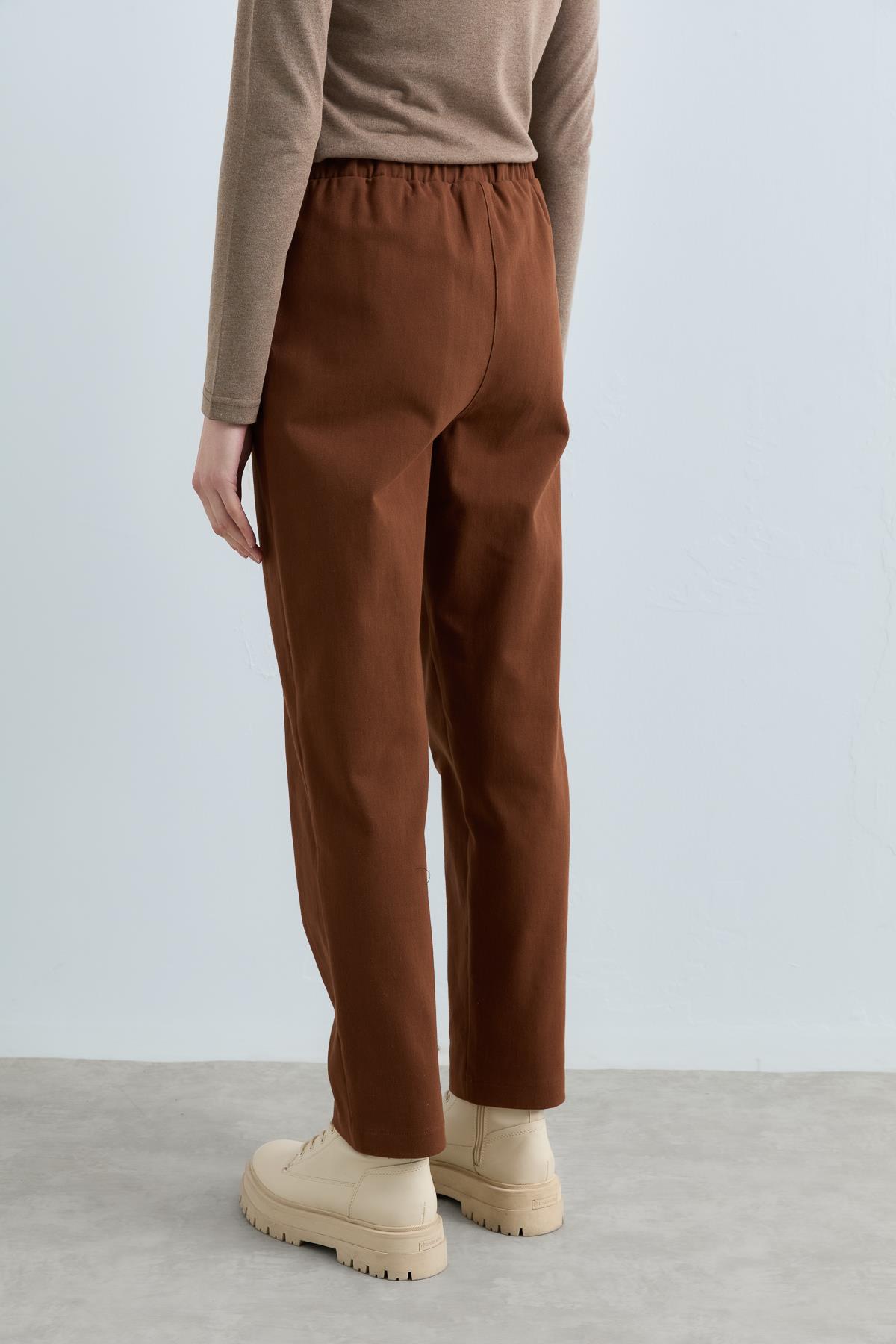 Beli Bağcıklı Gabardin Havuç Pantolon - Kahve
