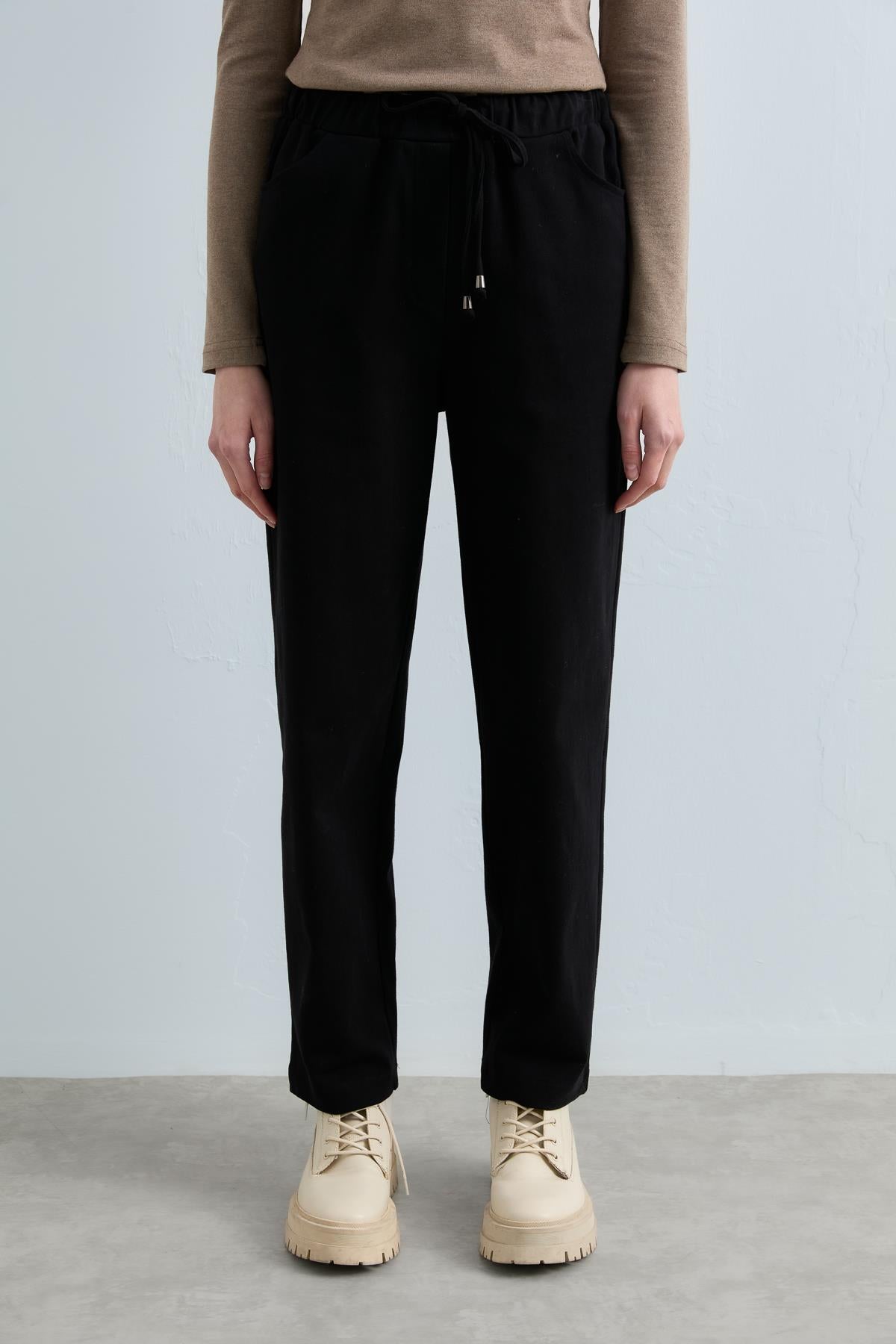 Beli Bağcıklı Gabardin Havuç Pantolon - Siyah